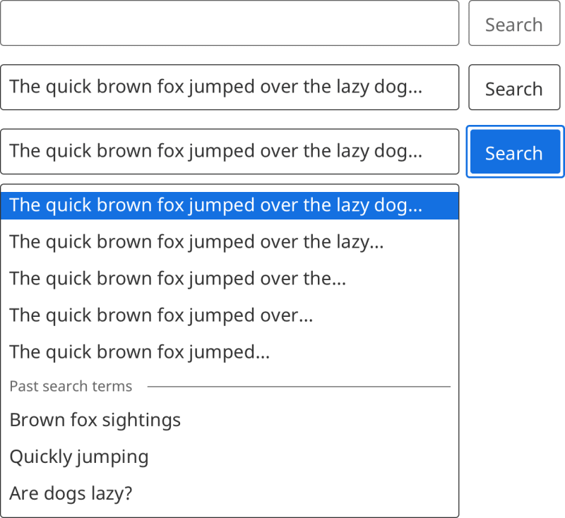 A column of search bar components, with different states visible in respective search components