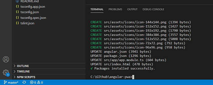 Console output after running ng add @angular/pwa