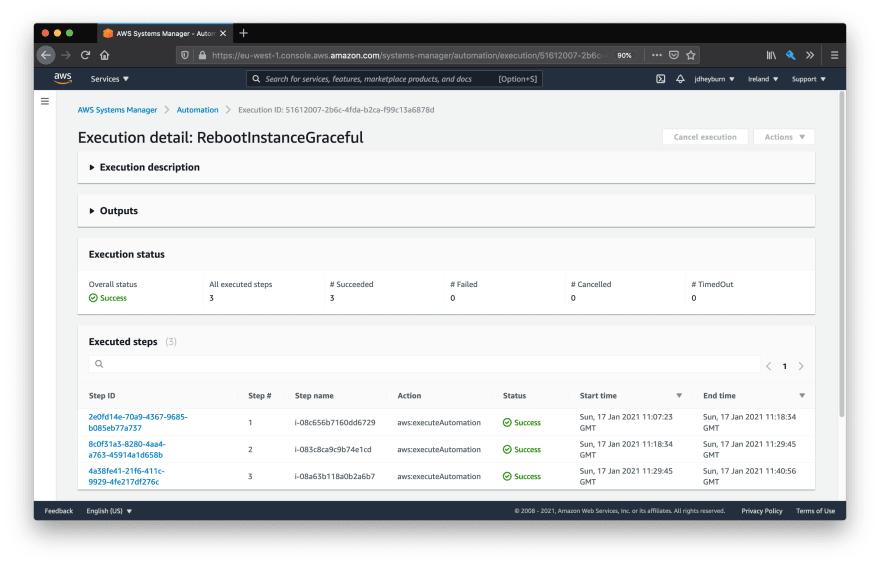 AWS console showing the automation document execution view. There are 3 task invocations, one for each instance in scope - they have all executed successfully and only one invocation was executed at a time.