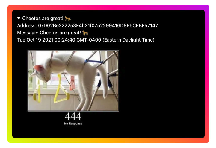 An open message on pics.iamdeveloper.com showing a picture of a cat in the message