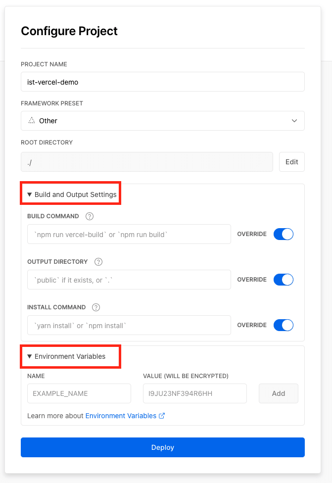 Configuration options for a new Vercel project