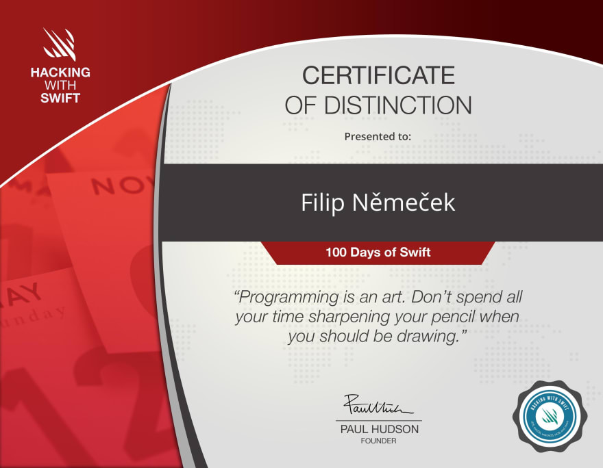 My 100 Days of Swift certificate