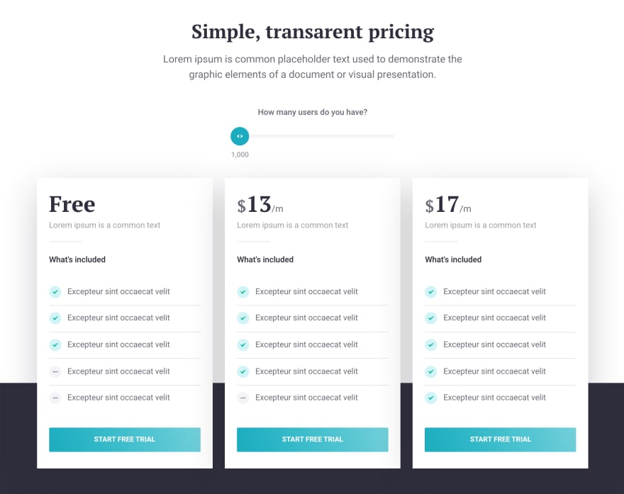 Pricing component from Evelyn template