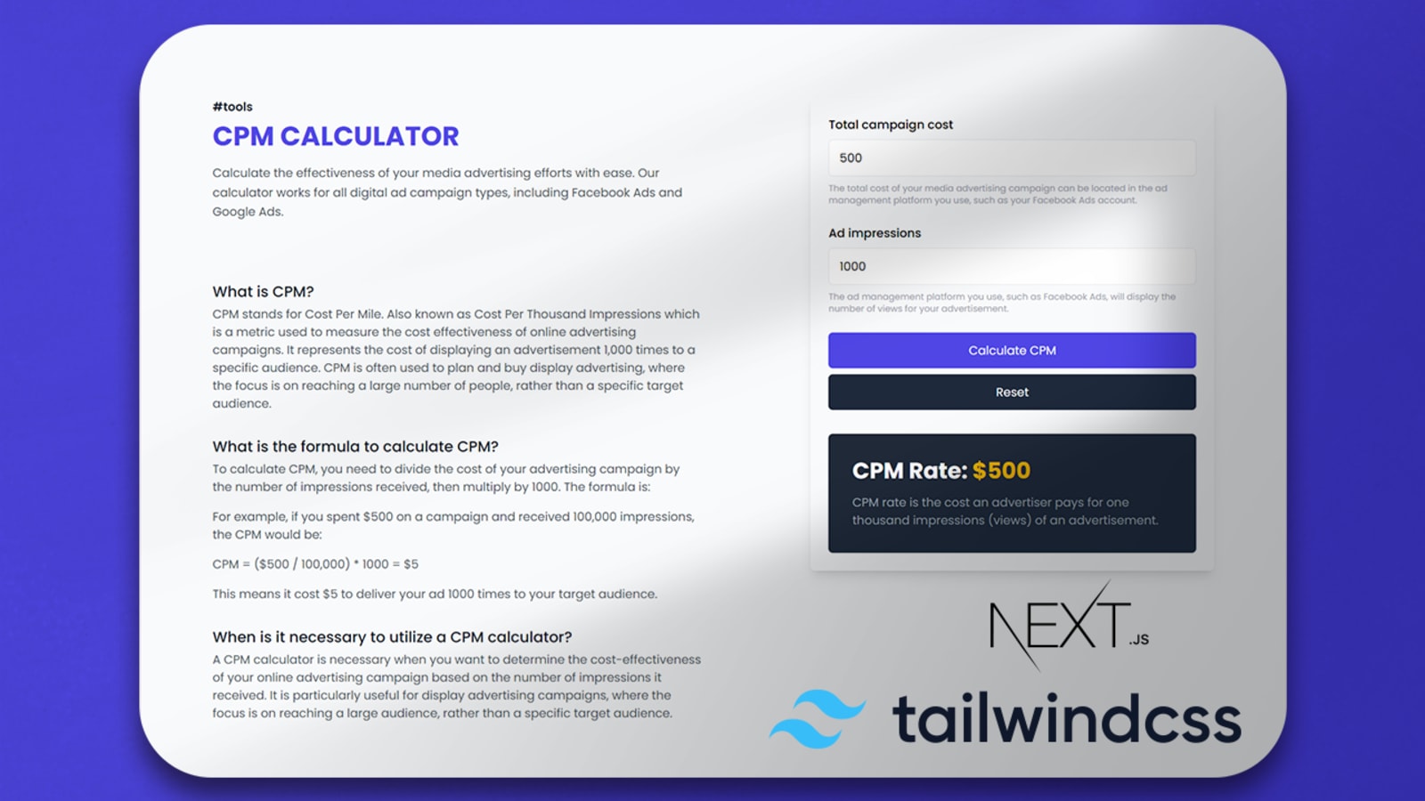 Build a CPM Calculator App with Next.js 13, TypeScript & Tailwind