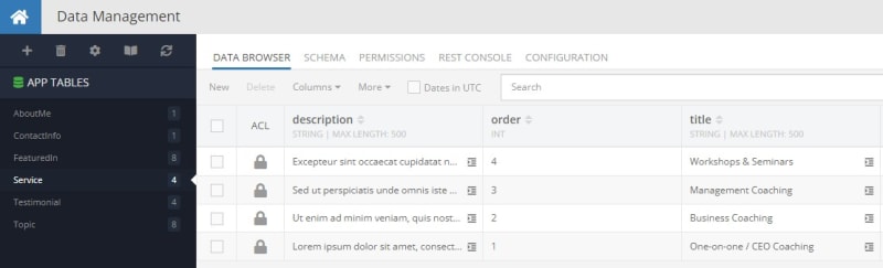 Service data table in the database