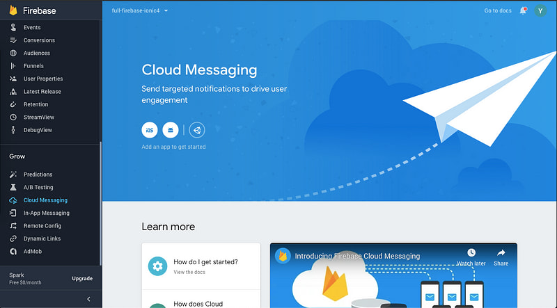 Cloud messaging section of Firebase console — You can send push notifications from here