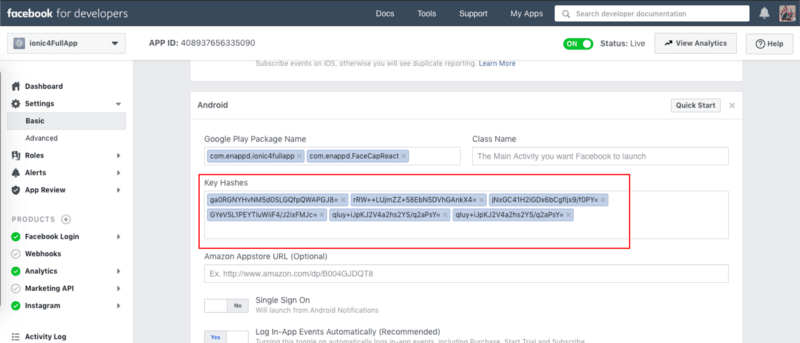 Add hash keys for Facebook login in your Ionic React Capacitor app