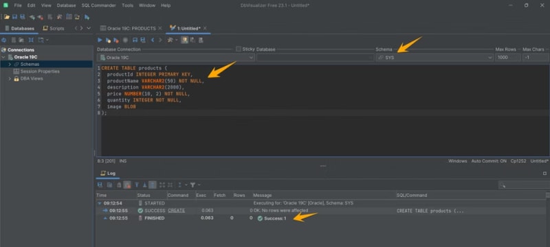 SQL query creating a products table.