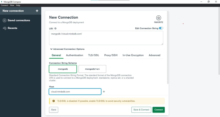 General Tab to connect to MindsDB cloud