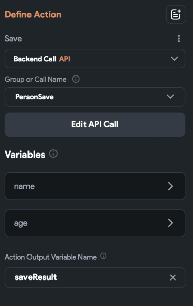 Pass name and age values into saveResult variable