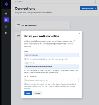 Add AWS connection form