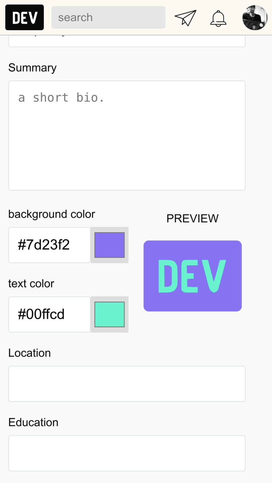 Mobile screenshot of color preview feature