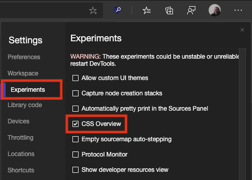 Turning on CSS overview in the developer tools experiments