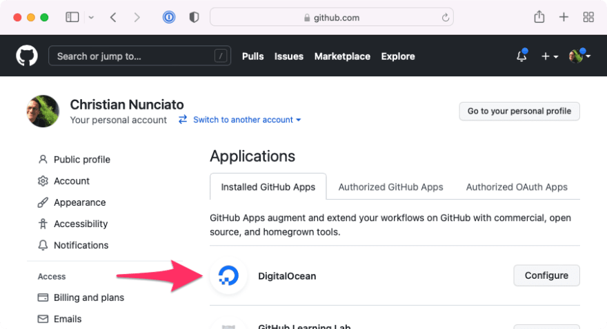 The Applications tab on GitHub, showing the DigitalOcean app installed