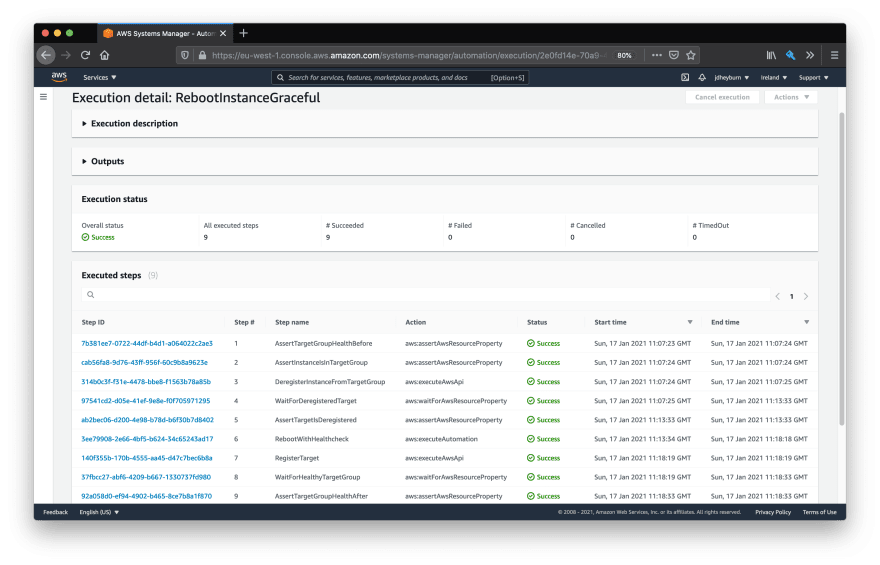 AWS console showing the individual steps of the automation document removing the targeted instance from rotation before executing the maintenance automation document