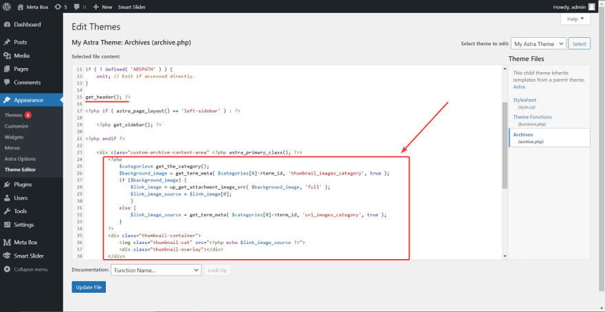 Add code to change the template of theme to display the images from the custom fields as a featured image