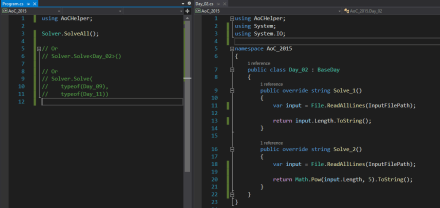Personal workspace while using AoCHelper library: main program class on the left and problem class on the right