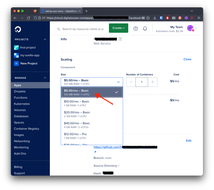 screenshot of digital ocean control panel