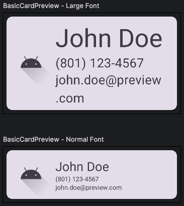 A screenshot showing two different basic cards with varying font sizes