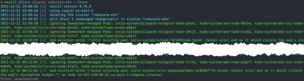 eksctl delete cluster - Cannot evict pod as it would violate the pod's disruption budget - Error Unauthorized