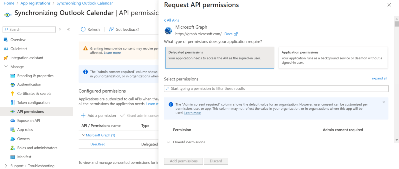 Request Delegated permissions for registered app