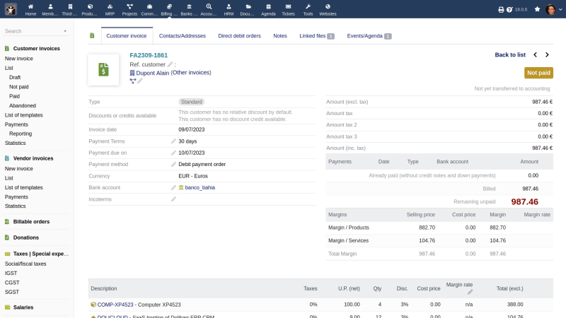Screenshot of a Dolibarr page to edit an invoice