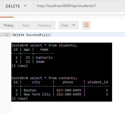 Spring Boot Rest Apis Hibernate Spring JPA One-to-one Postgresql Tables Delete a Student