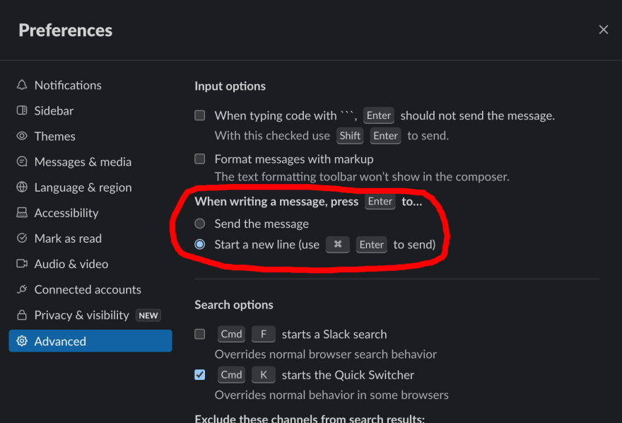 In Slack preferences you can set what pressing Enter does