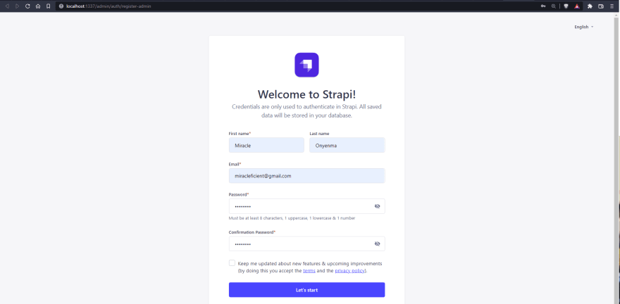 Strapi admin account form