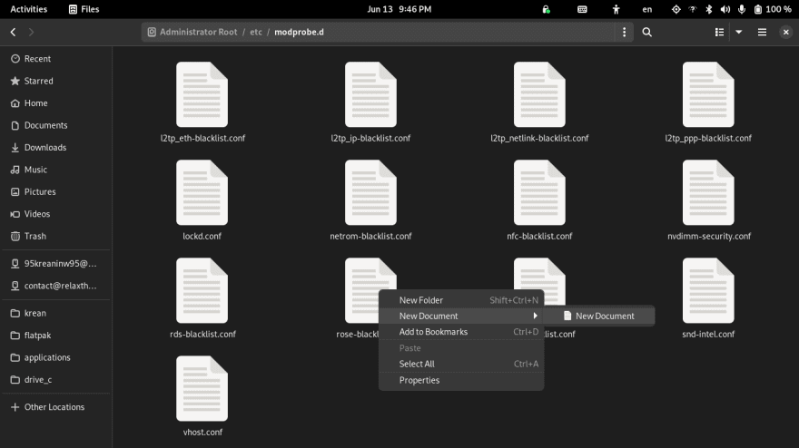 A new document creation with right-click menu