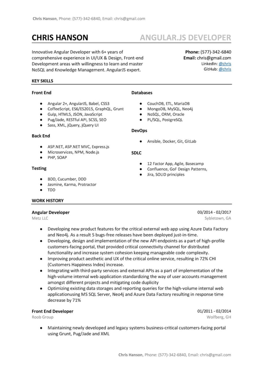 Angular Developer Resume Sample Template A B Tested Word Version Dev Community