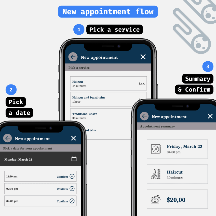 Formal Barber booking app - New appointment flow including three screens: Pick a service, Pick a date, and confirm your reservation