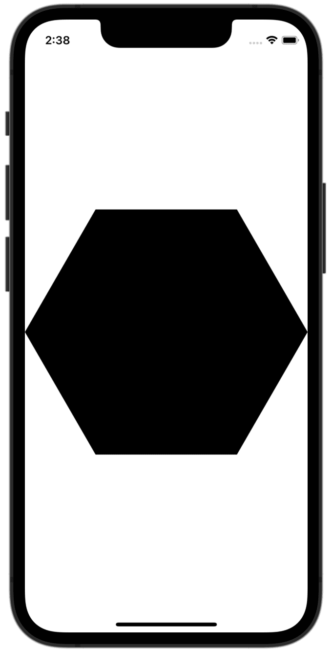 XCode simulator of an iPhone 13 Mini in portrait orientation showing a black hexagon filling the width of the screen. The background is white.