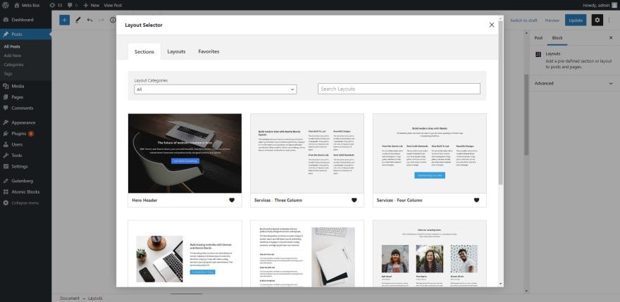 Atomic Block has eye-catching premade Gutenberg layouts for different sections of the page