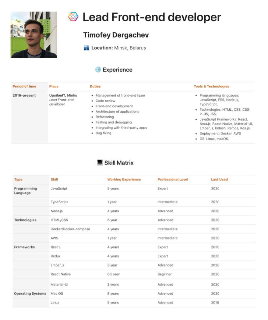 Example: Team member’s professional profile