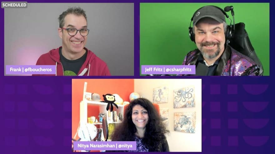 Screenshot of video call showing three participants - two men and 1 woman - with a purple background enclosing the scene