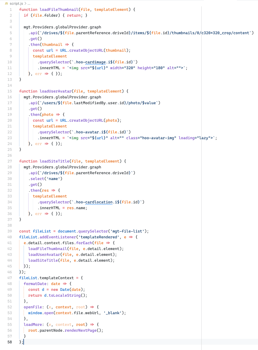 Screenshot of JavaScript code calling Microsoft Graph