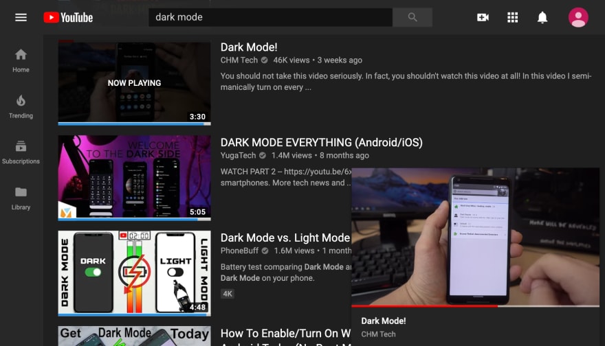 Youtube website in dark mode (youtube.com)