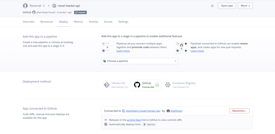 Screenshot of Heroku deploy settings