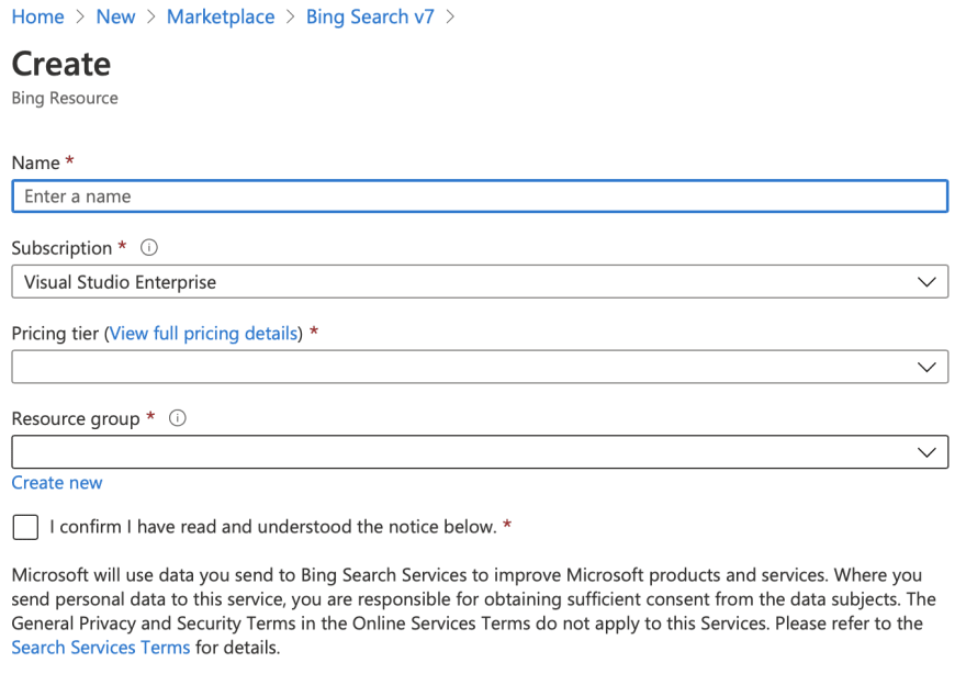 A screenshot of the Create page for the Bing Search v 7 resource.