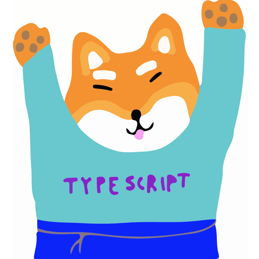 drawing of shiba raising hands in celebration wearing a shirt that says typescript