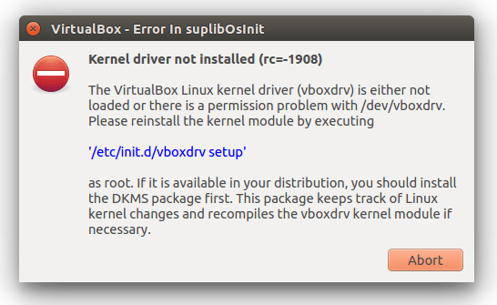 Virtualbox Kernel driver not installed