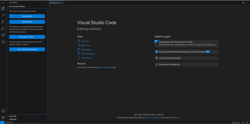 Tela de inicialização do VSCode