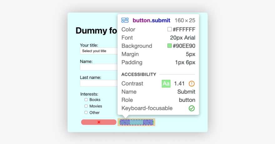 Browser inspect on "Submit" button from the example app, showing the contrast being 1.41