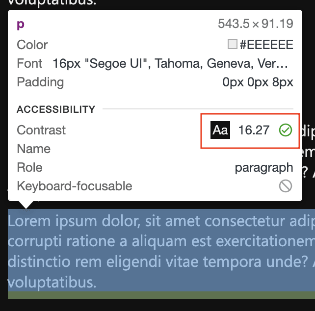 Elements with enough contrast show a check mark in the contrast section of the inspector overlay.