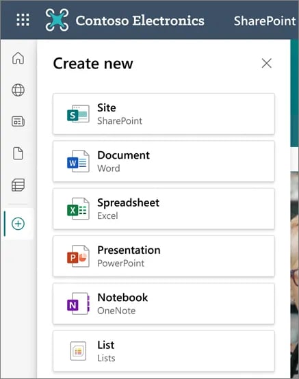 An example of the “Create” menu of the SharePoint App bar