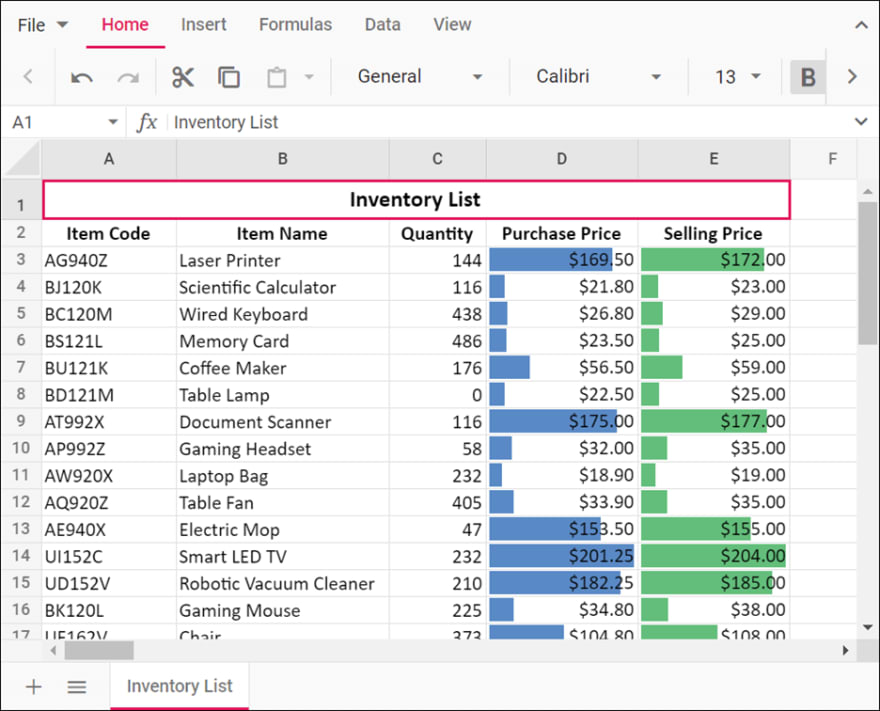 Data bars applied to the Purchase Price and Selling Price columns in JavaScript Spreadsheet