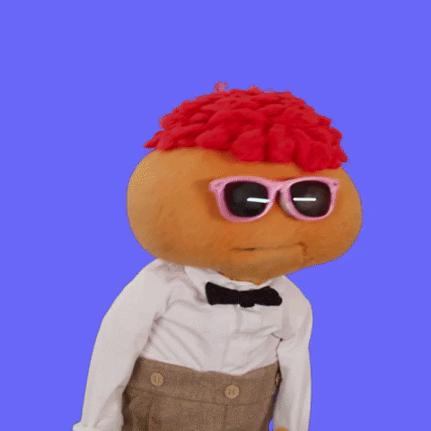 Gerbert, the puppet, in sunglasses saying "let's party!"