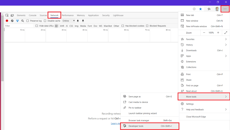 Screenshot of how to open DevTool on Microsoft Edge browser. Using the options menu > More Tools > Developer Tools