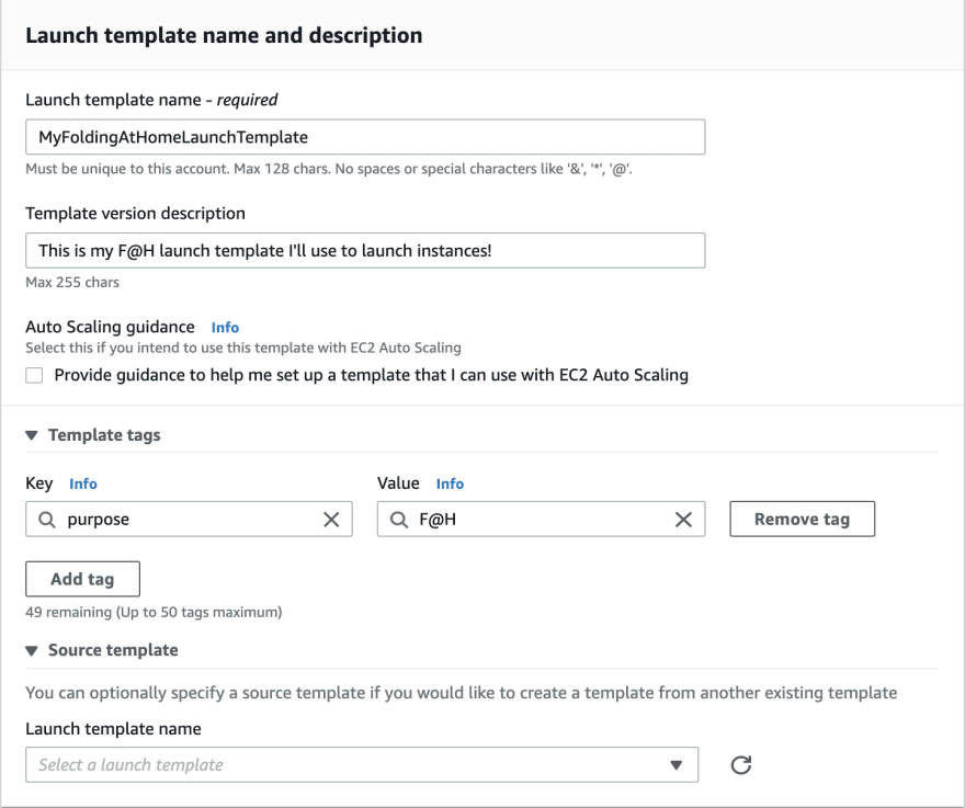 Image of Launch Template name description and tag selection boxes